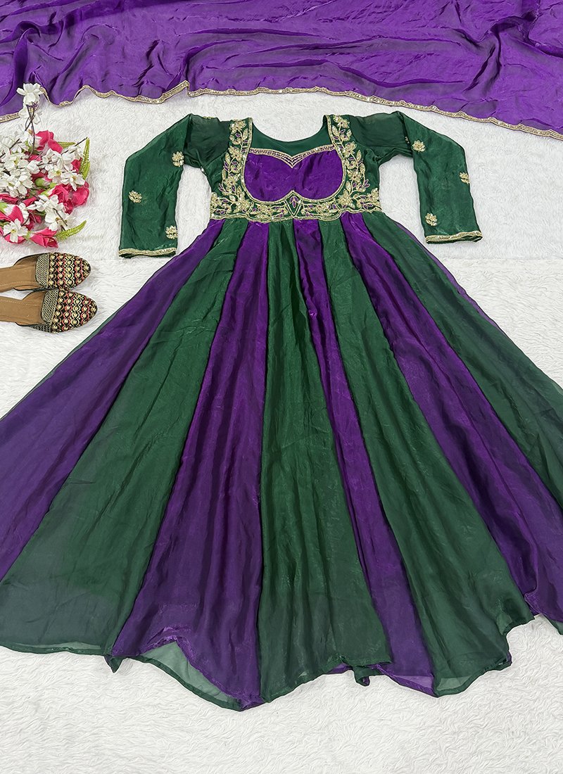 Multicolor Fendi Silk Embroidery Work Readymade Anarkali Gown With Dupatta Only