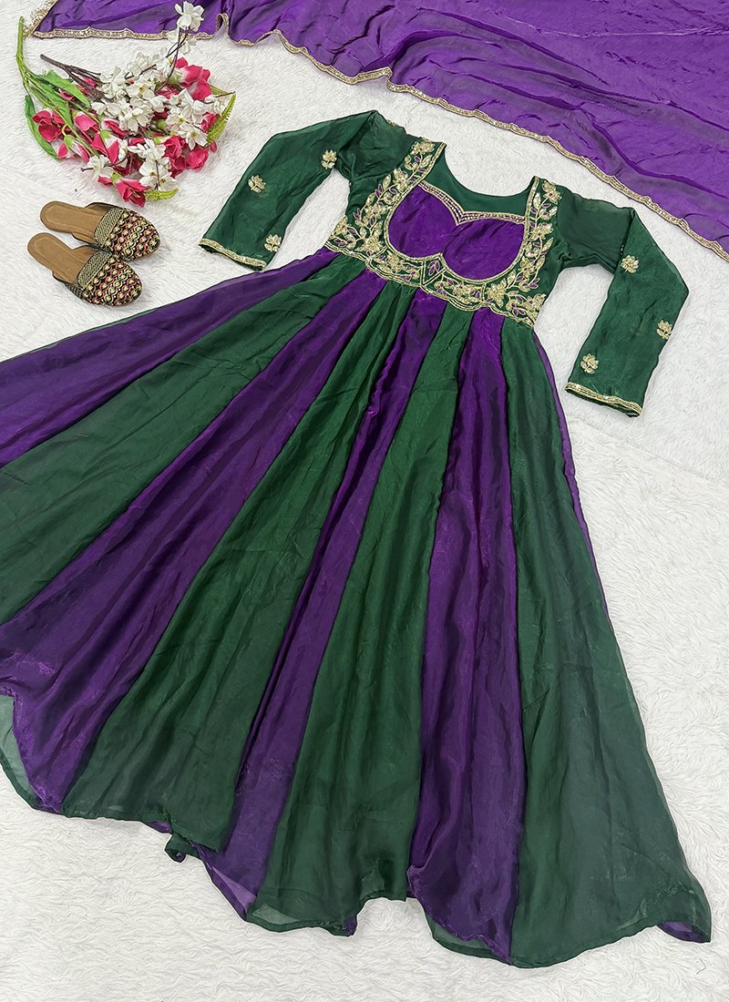 Multicolor Fendi Silk Embroidery Work Readymade Anarkali Gown With Dupatta Only