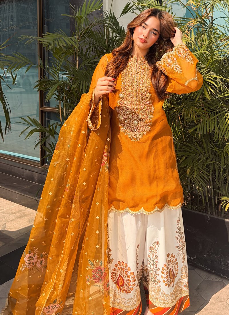 Mustard Organza Silk Sequins Work Readymade Palazzo Suit
