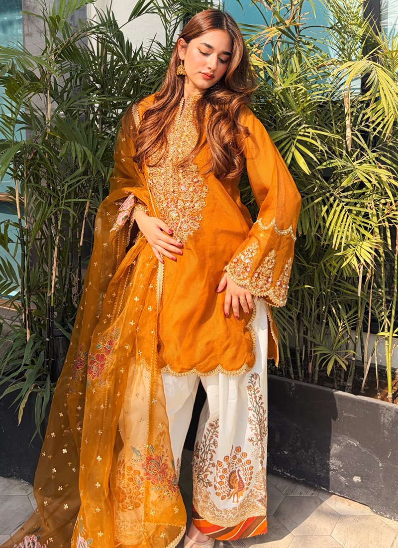Mustard Organza Silk Sequins Work Readymade Palazzo Suit