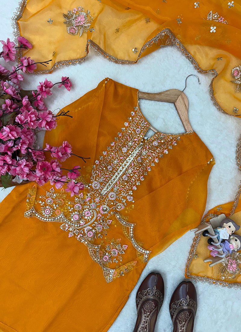 Mustard Organza Silk Sequins Work Readymade Palazzo Suit