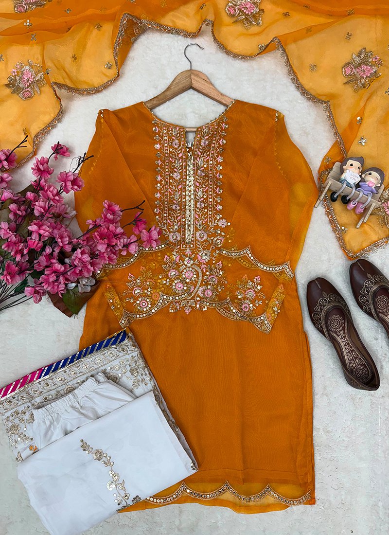 Mustard Organza Silk Sequins Work Readymade Palazzo Suit