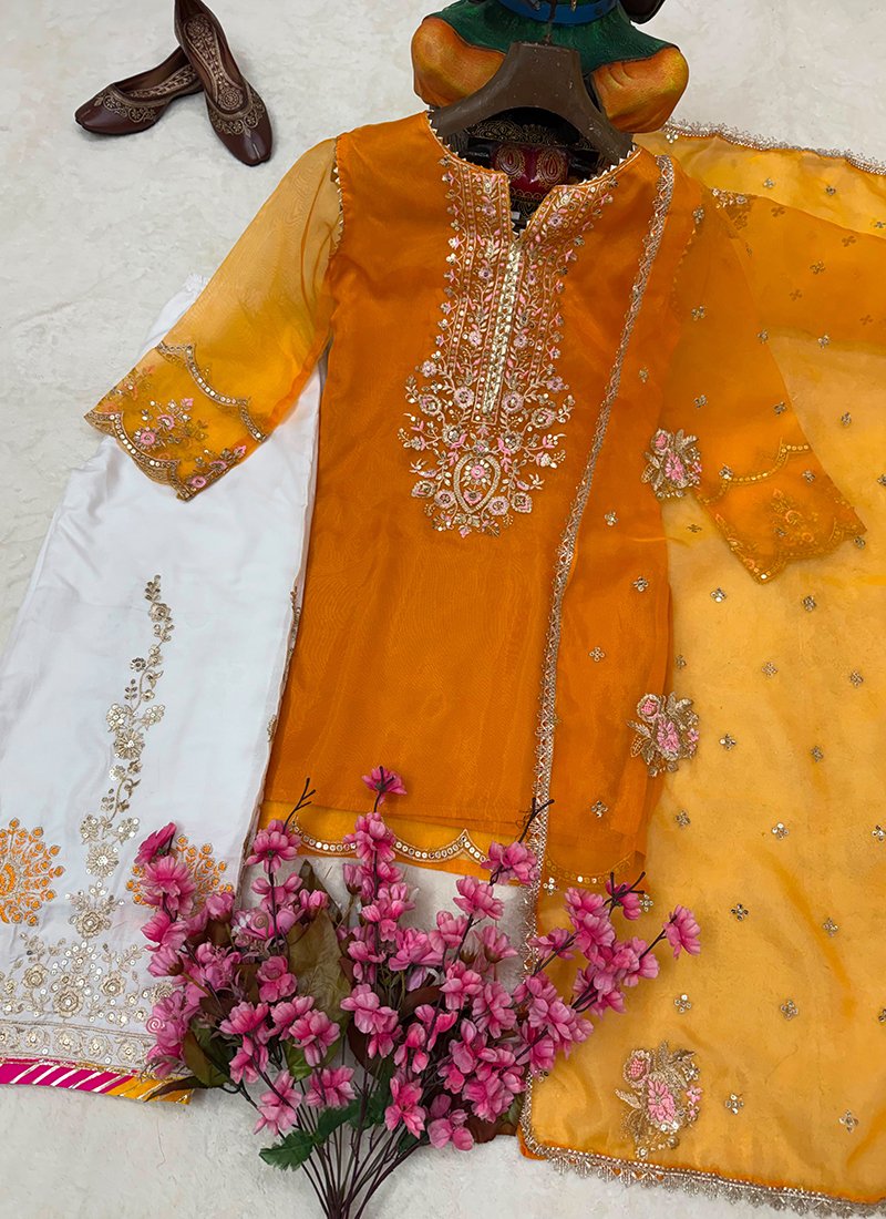 Mustard Organza Silk Sequins Work Readymade Palazzo Suit