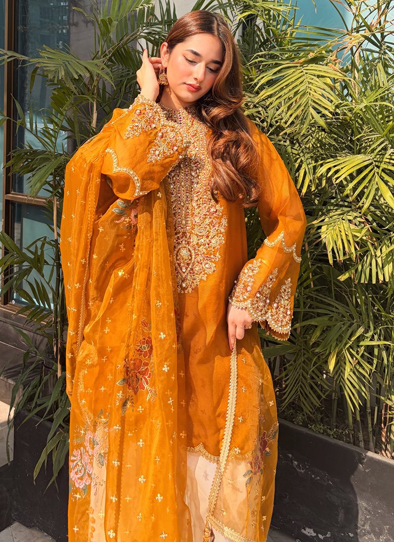 Mustard Organza Silk Sequins Work Readymade Palazzo Suit