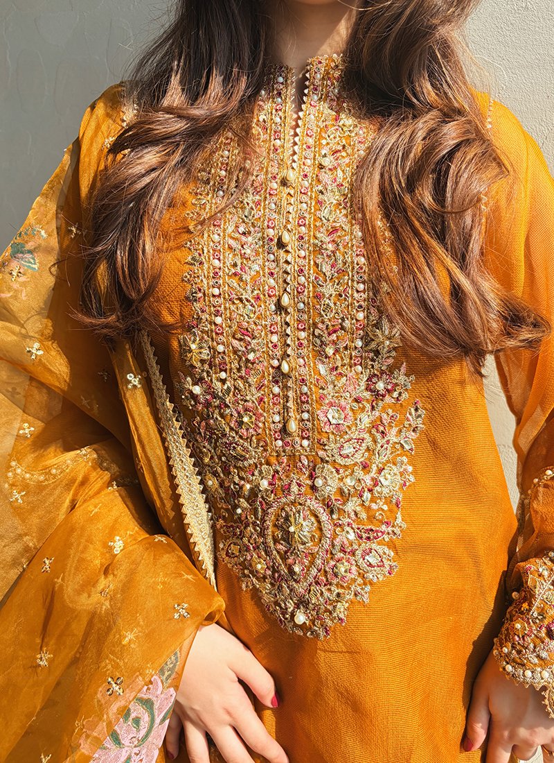 Mustard Organza Silk Sequins Work Readymade Palazzo Suit