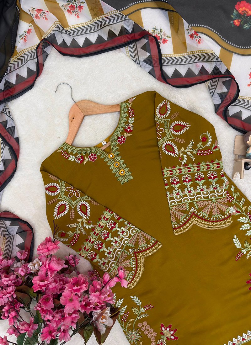 Mustard Roman Silk Thread Work Readymade Plazzo Suit