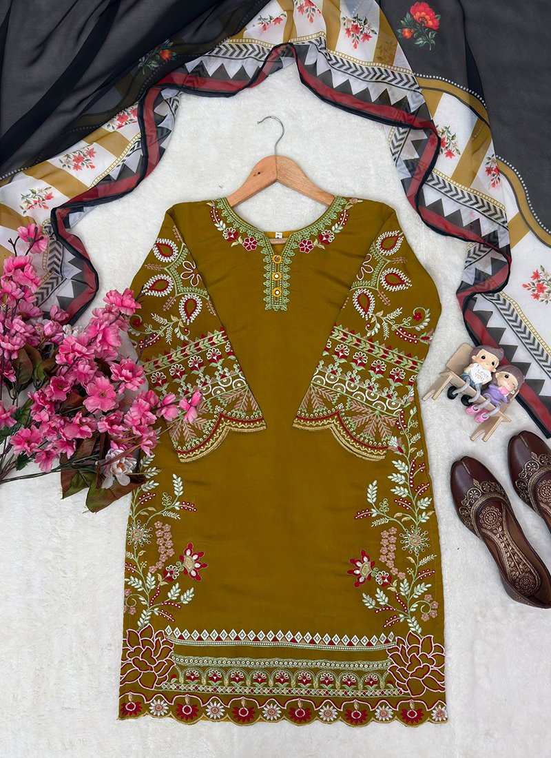 Mustard Roman Silk Thread Work Readymade Plazzo Suit
