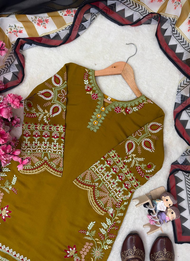 Mustard Roman Silk Thread Work Readymade Plazzo Suit
