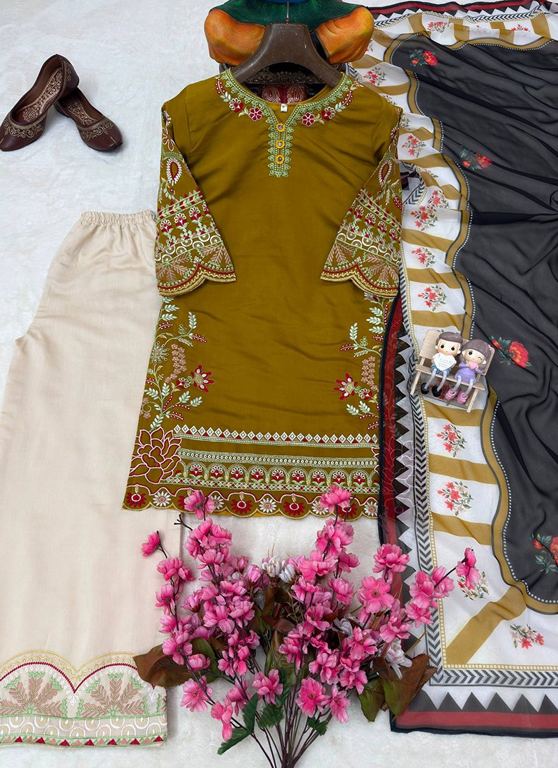 Mustard Roman Silk Thread Work Readymade Plazzo Suit