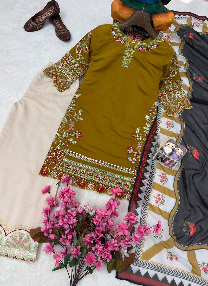 Mustard Roman Silk Thread Work Readymade Plazzo Suit