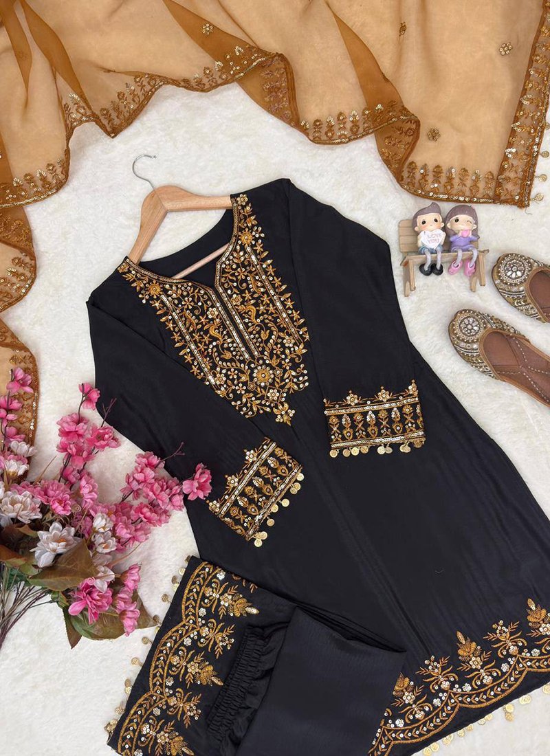 Navy Blue Chinon Silk Sequins Work Readymade Palazzo Suit