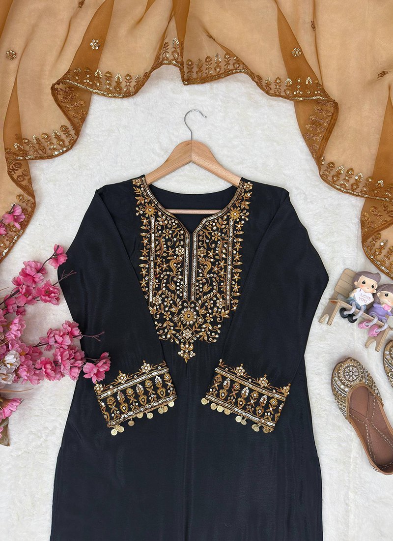 Navy Blue Chinon Silk Sequins Work Readymade Palazzo Suit