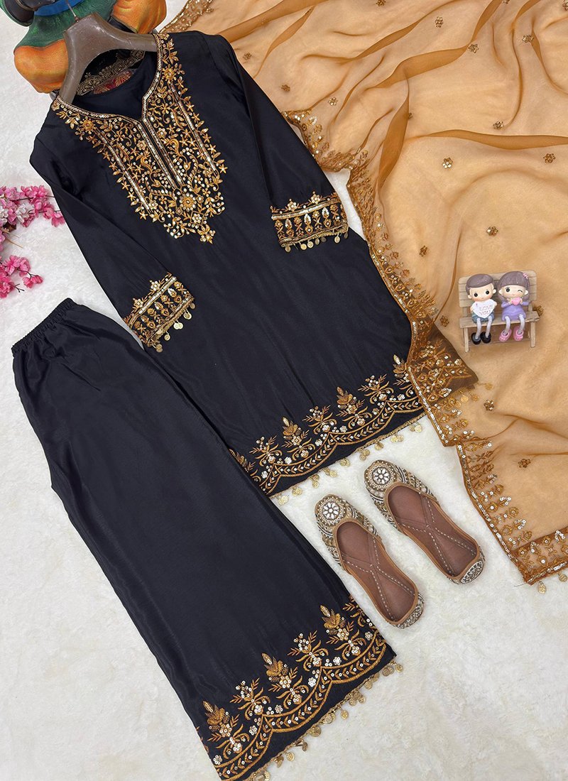 Navy Blue Chinon Silk Sequins Work Readymade Palazzo Suit