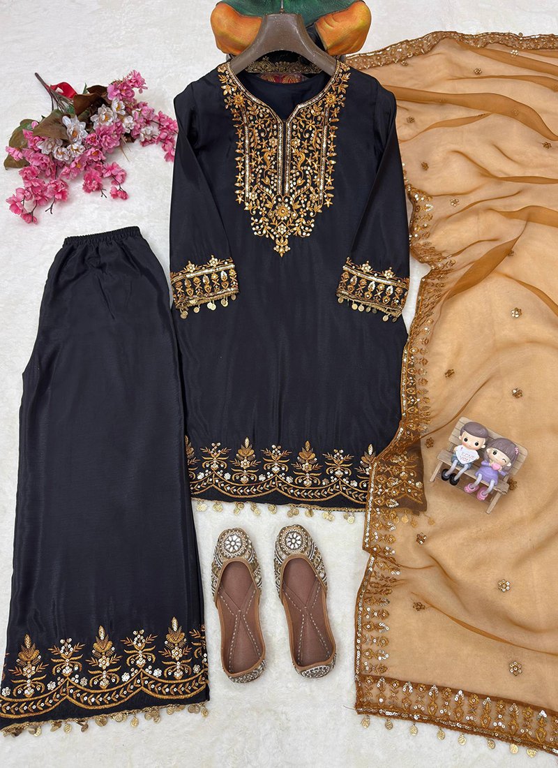 Navy Blue Chinon Silk Sequins Work Readymade Palazzo Suit