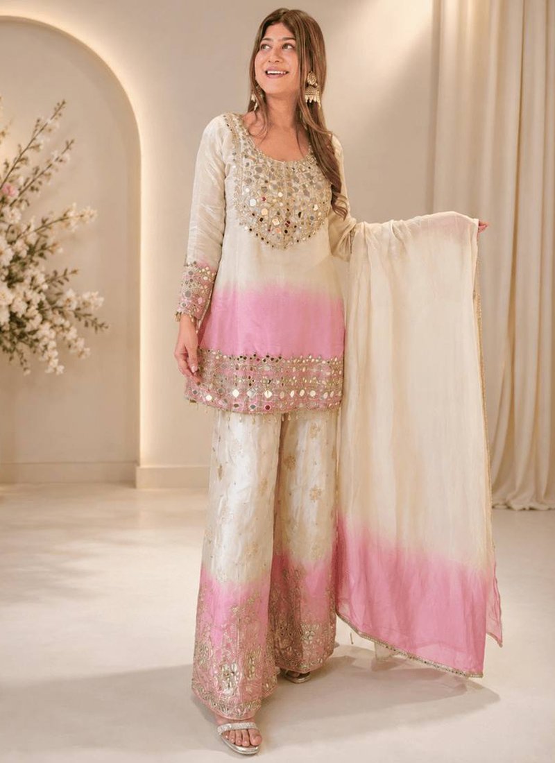Off-white Georgette Mirror Work Readymade Palazzo Suit