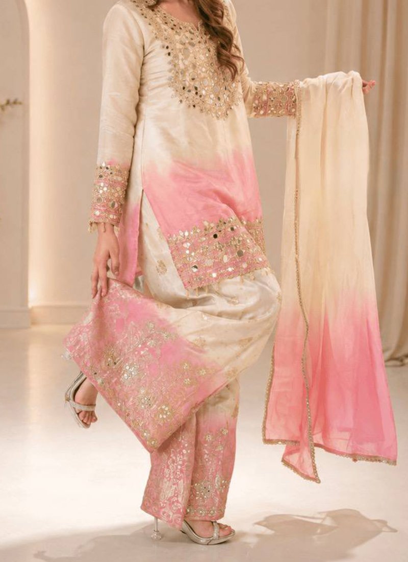Off-white Georgette Mirror Work Readymade Palazzo Suit