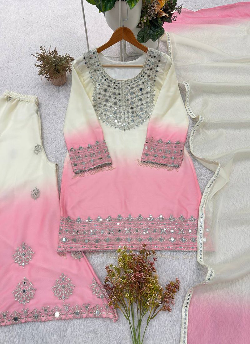 Off-white Georgette Mirror Work Readymade Palazzo Suit
