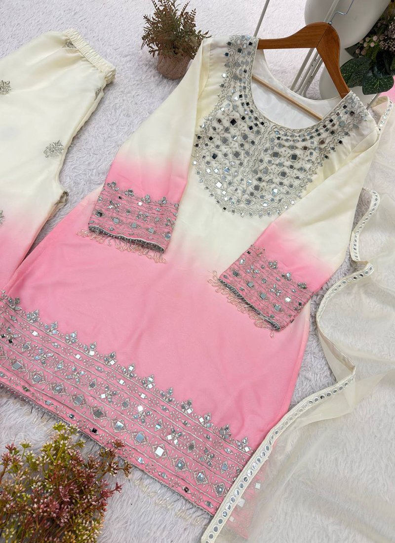 Off-white Georgette Mirror Work Readymade Palazzo Suit
