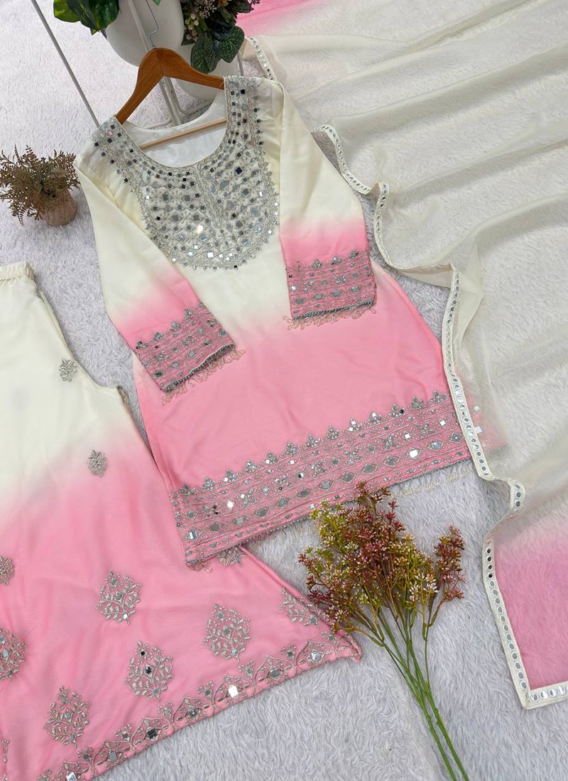 Off-white Georgette Mirror Work Readymade Palazzo Suit