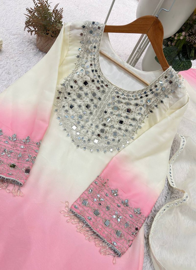 Off-white Georgette Mirror Work Readymade Palazzo Suit