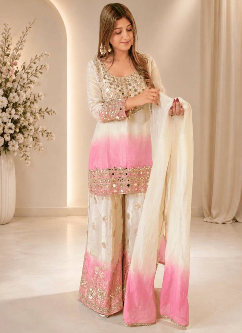 Off-white Georgette Mirror Work Readymade Palazzo Suit
