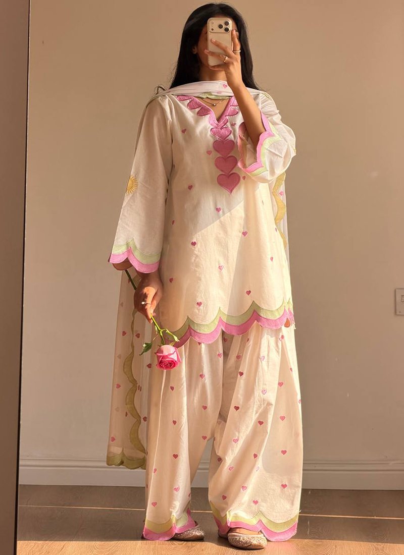 Off-white Mal Chanderi Embroidery Work Readymade Salwar Suit