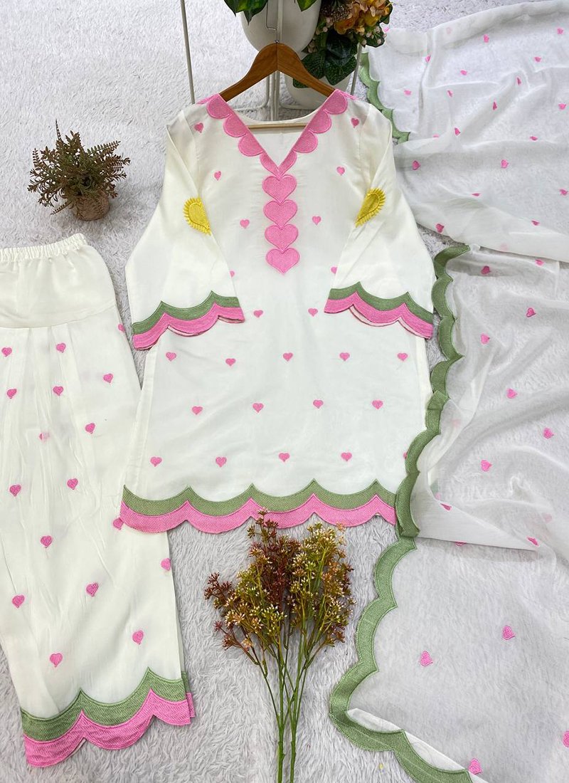 Off-white Mal Chanderi Embroidery Work Readymade Salwar Suit