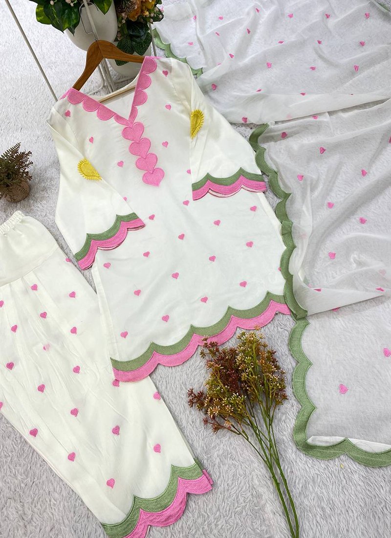 Off-white Mal Chanderi Embroidery Work Readymade Salwar Suit