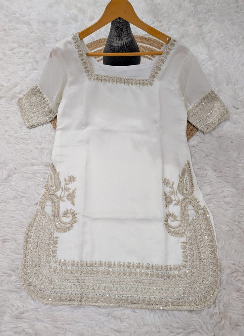 Off White Chinon Silk Sequins Work Readymade Plazzo Suit