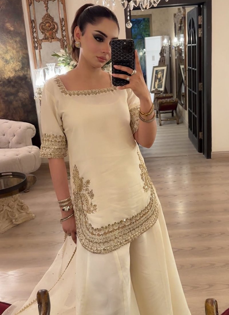 Off White Chinon Silk Sequins Work Readymade Plazzo Suit