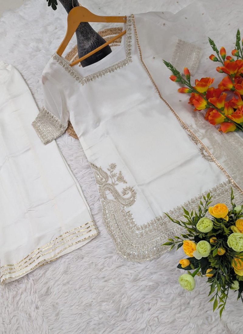 Off White Chinon Silk Sequins Work Readymade Plazzo Suit