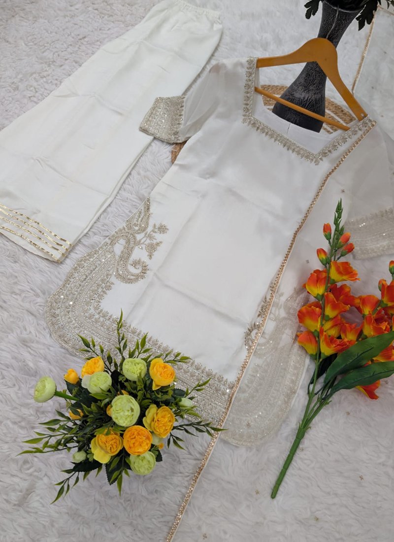 Off White Chinon Silk Sequins Work Readymade Plazzo Suit