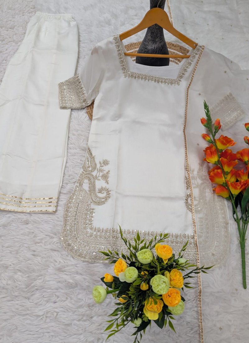 Off White Chinon Silk Sequins Work Readymade Plazzo Suit
