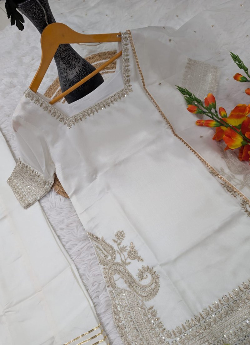 Off White Chinon Silk Sequins Work Readymade Plazzo Suit