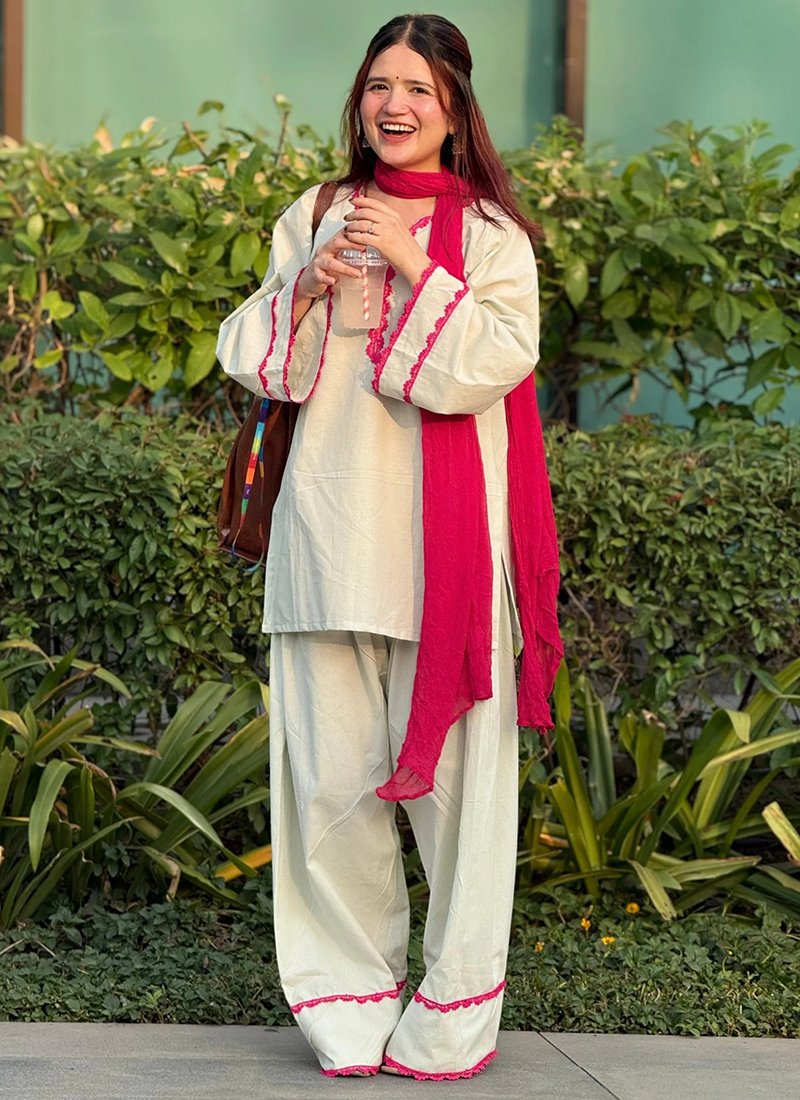 Off White Khadi Cotton Embroidery Work Readymade Corde Set