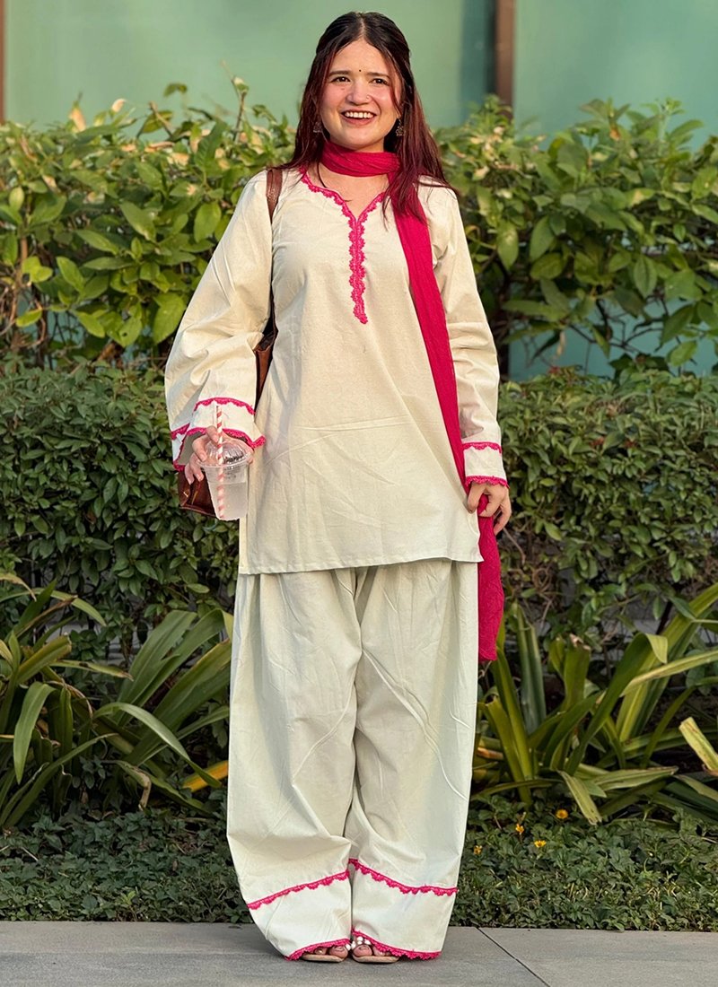 Off White Khadi Cotton Embroidery Work Readymade Corde Set