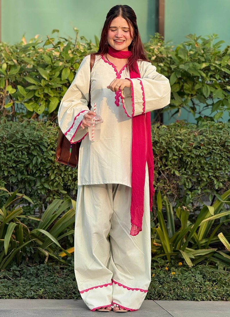Off White Khadi Cotton Embroidery Work Readymade Corde Set