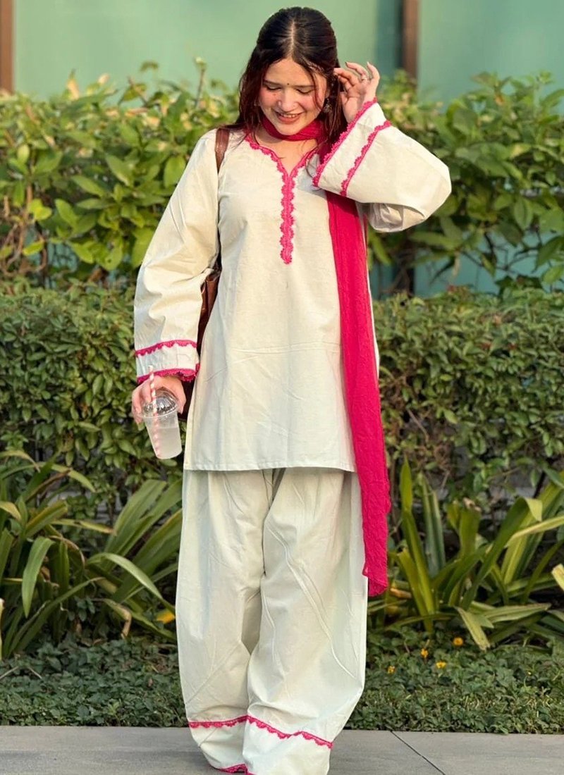 Off White Khadi Cotton Embroidery Work Readymade Corde Set