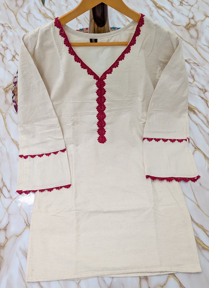 Off White Khadi Cotton Embroidery Work Readymade Corde Set