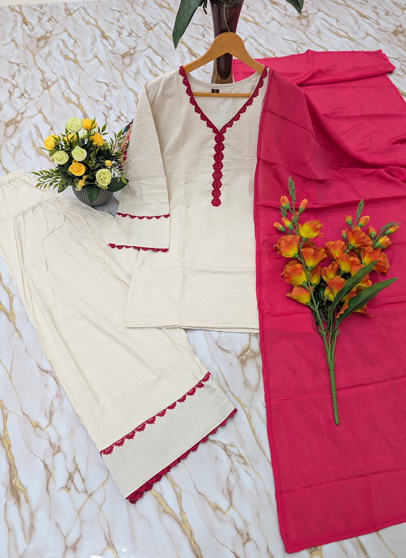 Off White Khadi Cotton Embroidery Work Readymade Corde Set