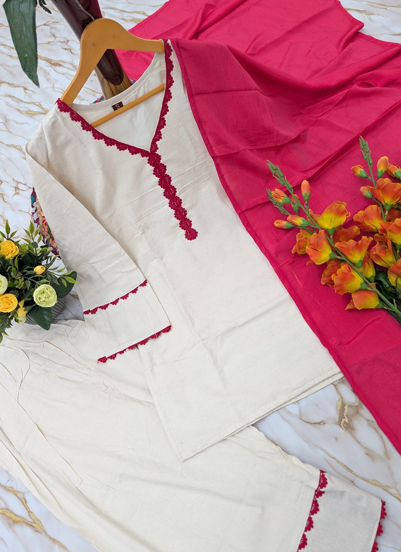 Off White Khadi Cotton Embroidery Work Readymade Corde Set