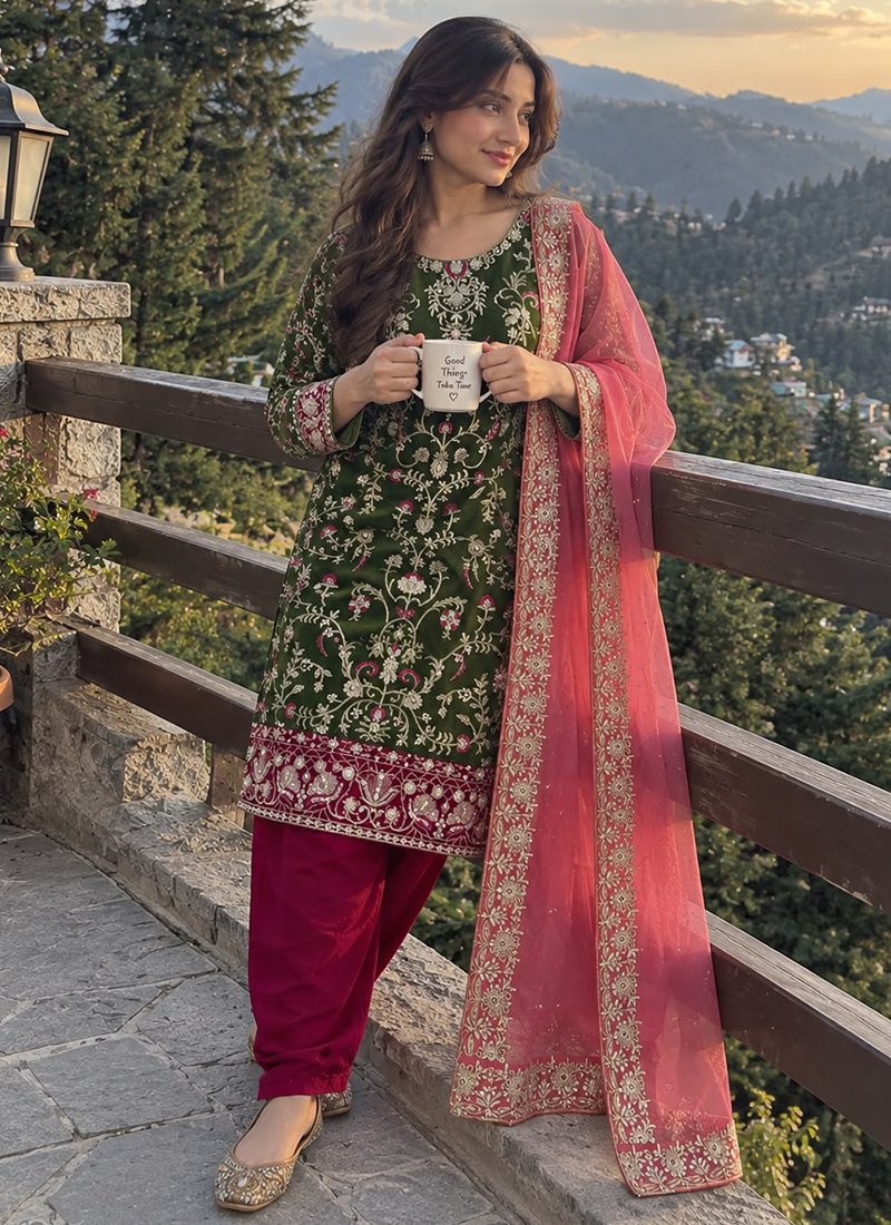 Olive Green Velvet Embroidery Work Readymade Palazzo Suit