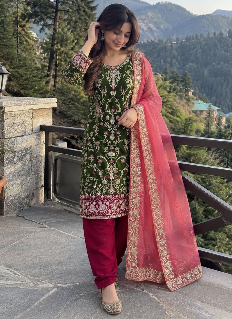 Olive Green Velvet Embroidery Work Readymade Palazzo Suit