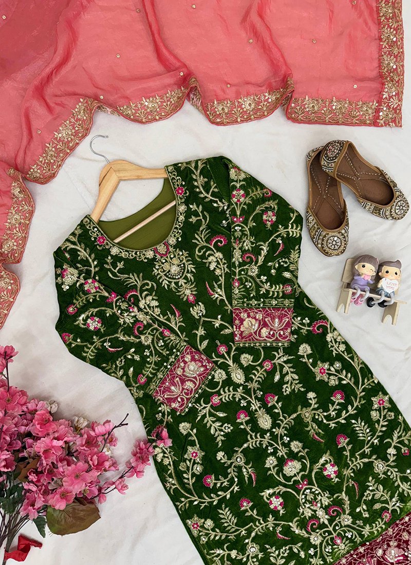 Olive Green Velvet Embroidery Work Readymade Palazzo Suit