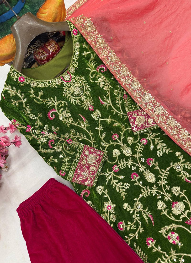 Olive Green Velvet Embroidery Work Readymade Palazzo Suit