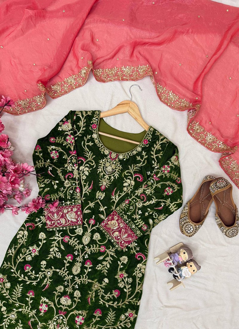 Olive Green Velvet Embroidery Work Readymade Palazzo Suit