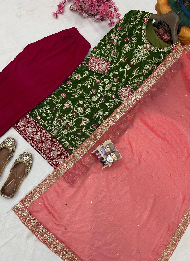 Olive Green Velvet Embroidery Work Readymade Palazzo Suit