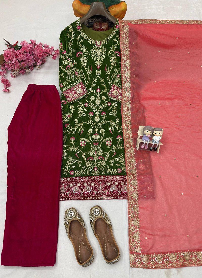 Olive Green Velvet Embroidery Work Readymade Palazzo Suit