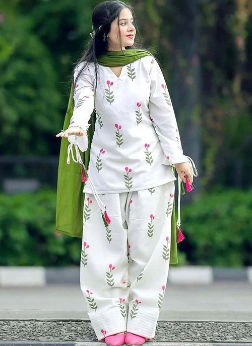 Cotton Printed Work Casual Wear Readymade Kurti Pant With Dupatta
