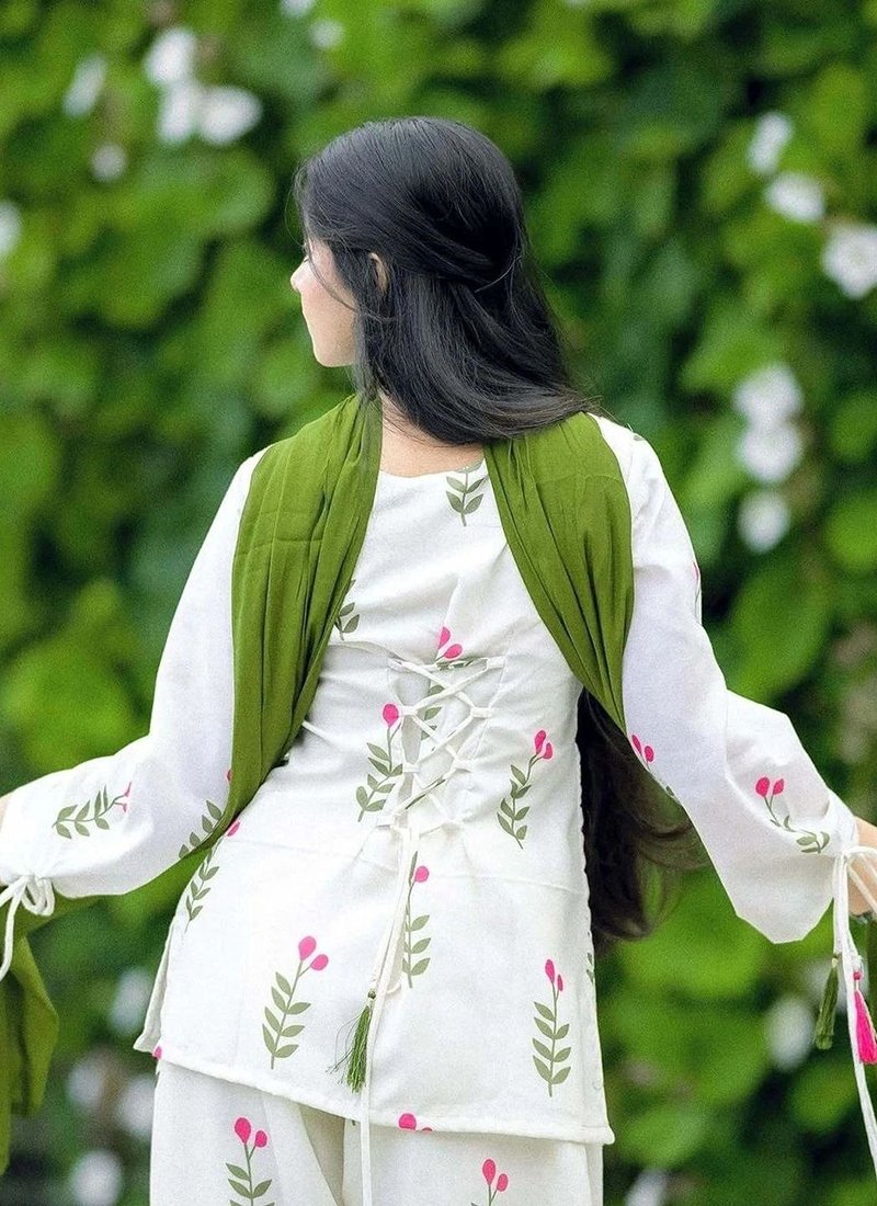 Cotton Printed Work Casual Wear Readymade Kurti Pant With Dupatta